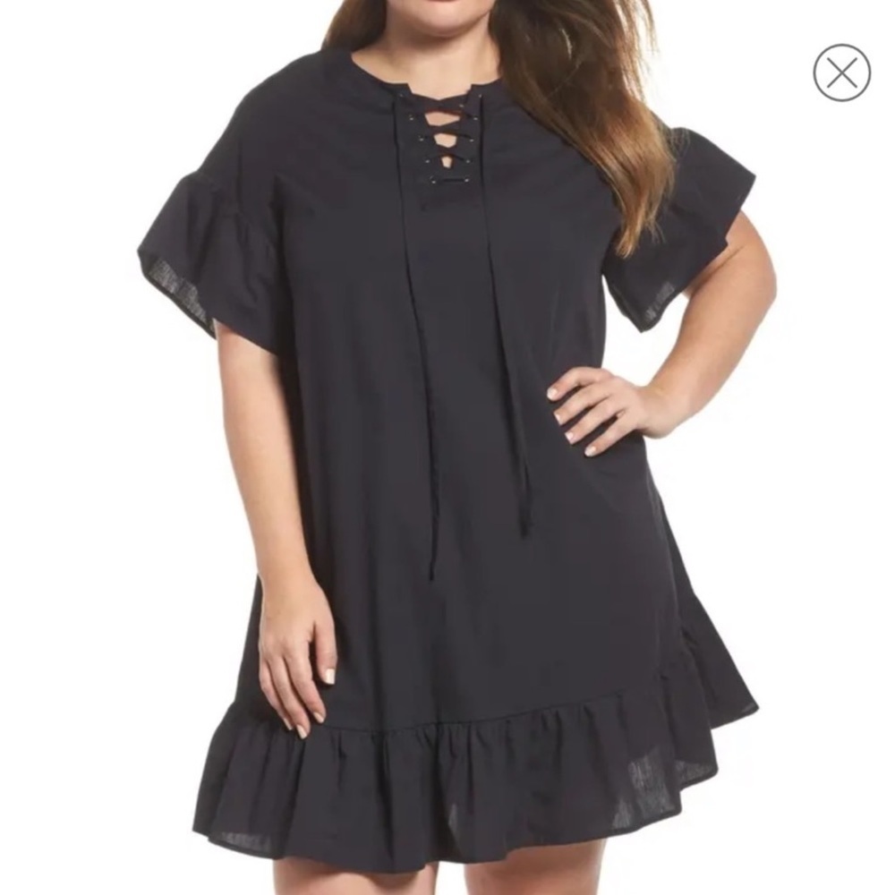 LUCKY Brand Lace Up Poplin Black Ruffle Lightweight Flowy Black M EUC Mini Dress